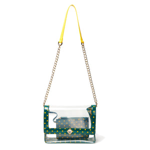 SCORE! Chrissy Medium Designer Clear Cross-body Bag - Forest Green and Yellow Gold
