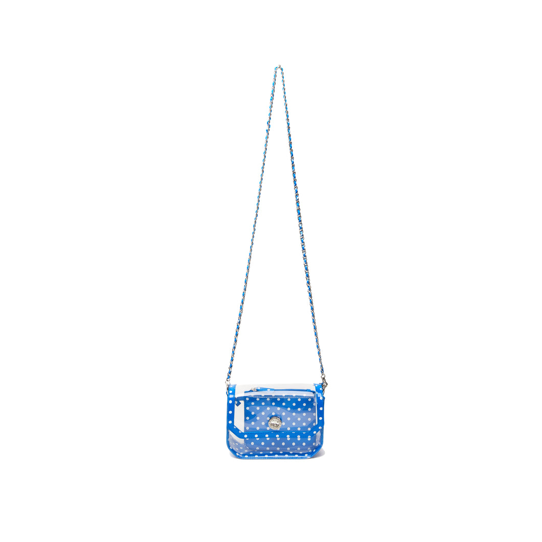 SCORE! Chrissy Small Designer Clear Crossbody Bag - Royal Blue and White