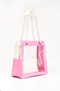 SCORE! Andrea Large Clear Designer Tote for School, Work, Travel - Pink and White