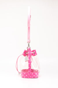 SCORE! Clear Sarah Jean Designer Crossbody Polka Dot Boho Bucket Bag-Fandango Hot Pink and Light Pink