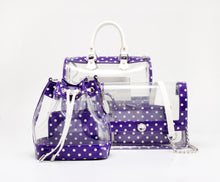 SCORE! Andrea Large Clear Designer Tote for School, Work, Travel - Royal Purple and White