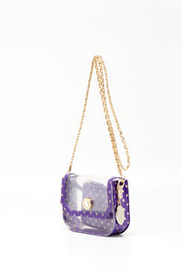 SCORE! Chrissy Small Designer Clear Crossbody Bag - Purple and Gold Gold