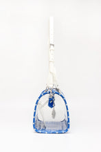 SCORE! Moniqua Large Designer Clear Crossbody Satchel - Imperial Royal Blue and White