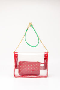 SCORE! Chrissy Medium Designer Clear Cross-body Bag -- Red, Gold and Fern Green