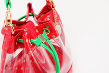 SCORE! Clear Sarah Jean Designer Crossbody Polka Dot Boho Bucket Bag-Red, Gold and Green