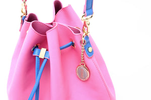 SCORE! Sarah Jean Crossbody Large BoHo Bucket Bag - Pink and Blue