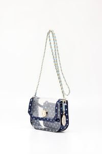 SCORE! Chrissy Small Designer Clear Crossbody Bag - Navy Blue and Light Blue