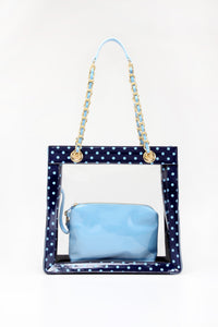 SCORE! Andrea Large Clear Designer Tote for School, Work, Travel - Navy Blue and Light Blue