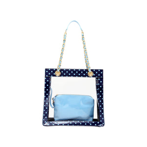 SCORE! Andrea Large Clear Designer Tote for School, Work, Travel - Navy Blue and Light Blue