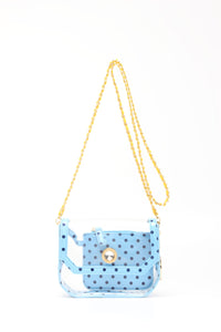 SCORE! Chrissy Small Designer Clear Crossbody Bag - Light Blue, Navy Blue and Yellow Gold