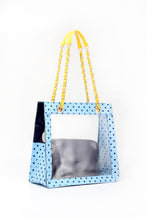 SCORE! Andrea Large Clear Designer Tote for School, Work, Travel- Light Blue, Navy Blue and  Yellow Gold