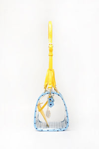 SCORE! Moniqua Large Designer Clear Crossbody Satchel -Light Blue, Navy Blue and  Yellow Gold