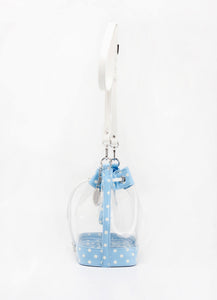 SCORE! Clear Sarah Jean Designer Crossbody Polka Dot Boho Bucket Bag-Light Blue and White