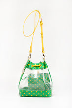 SCORE! Clear Sarah Jean Designer Crossbody Polka Dot Boho Bucket Bag-Bright Fern Green and Yellow Gold