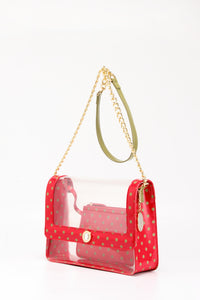 SCORE! Chrissy Medium Designer Clear Cross-body Bag - Red and Olive Green