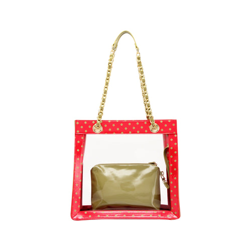 SCORE! Andrea Large Clear Designer Tote for School, Work, Travel- Racing Red and Olive Green for Washington State University Cougars, Alpha Chi Omega, Alpha Sigma Alpha