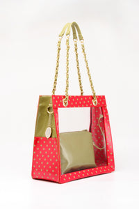 SCORE! Andrea Large Clear Designer Tote for School, Work, Travel- Racing Red and Olive Green