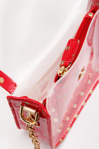 SCORE! Chrissy Small Designer Clear Crossbody Bag - Red and Gold
