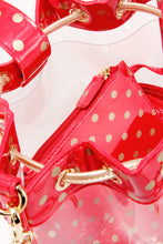 SCORE! Clear Sarah Jean Designer Crossbody Polka Dot Boho Bucket Bag-Red and Gold Gold