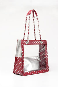 SCORE! Andrea Large Clear Designer Tote for School, Work, Travel - Maroon and Silver