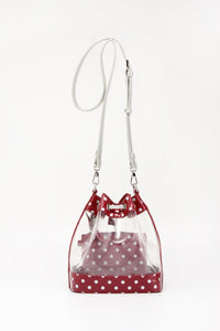 SCORE! Clear Sarah Jean Designer Crossbody Polka Dot Boho Bucket Bag-Maroon Crimson and Silver