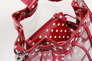 SCORE! Clear Sarah Jean Designer Crossbody Polka Dot Boho Bucket Bag-Maroon Crimson and White