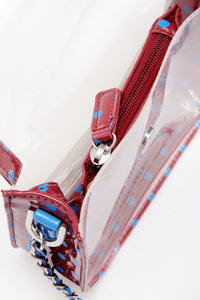 SCORE! Chrissy Small Designer Clear Crossbody Bag - Maroon and Blue
