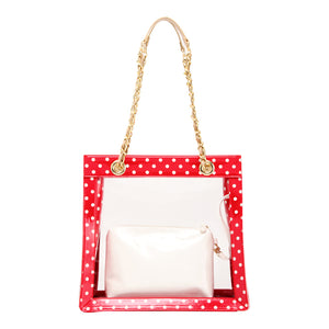 SCORE! Andrea Large Clear Designer Tote for School, Work, Travel - Racing Red, White and Gold