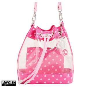 SCORE! Clear Sarah Jean Designer Crossbody Polka Dot Boho Bucket Bag-Fandango Hot Pink and Light Pink
