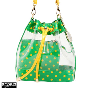 SCORE! Clear Sarah Jean Designer Crossbody Polka Dot Boho Bucket Bag-Bright Fern Green and Yellow Gold