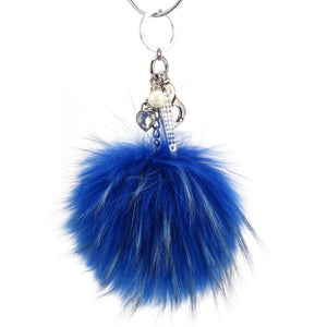 Real Fur Puff Ball Pom-Pom 6" Accessory Dangle Purse Charm - French Blue with Silver Hardware