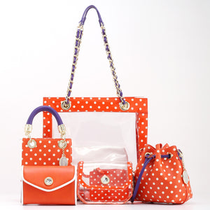 SCORE! Andrea Large Clear Designer Tote for School, Work, Travel - Orange, White and Royal Purple