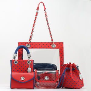 SCORE! Andrea Large Clear Designer Tote for School, Work, Travel - Racing Red and Navy Blue