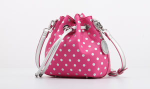 SCORE! Sarah Jean Small Crossbody Polka dot BoHo Bucket Bag - Pink and Silver  Phi Mu sorority sisters or for Breast Cancer Awareness Support
