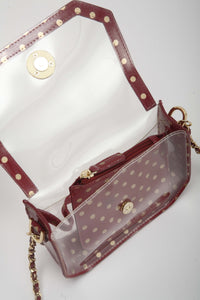 SCORE! Chrissy Small Designer Clear Crossbody Bag - Maroon and Gold