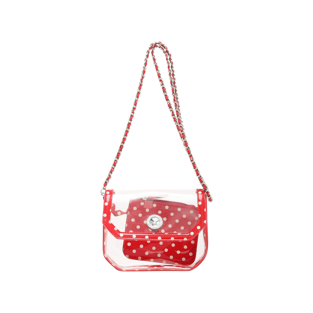 SCORE! Chrissy Small Designer Clear Crossbody Bag - Red and White