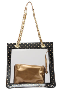 SCORE! Andrea Large Clear Designer Tote for School, Work, Travel - Black and Gold Yellow