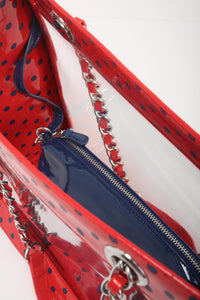 SCORE! Andrea Large Clear Designer Tote for School, Work, Travel - Racing Red and Navy Blue