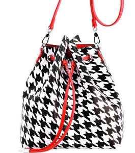 SCORE! Sarah Jean Crossbody Large BoHo Bucket Bag- Black and White Houndstooth and Red