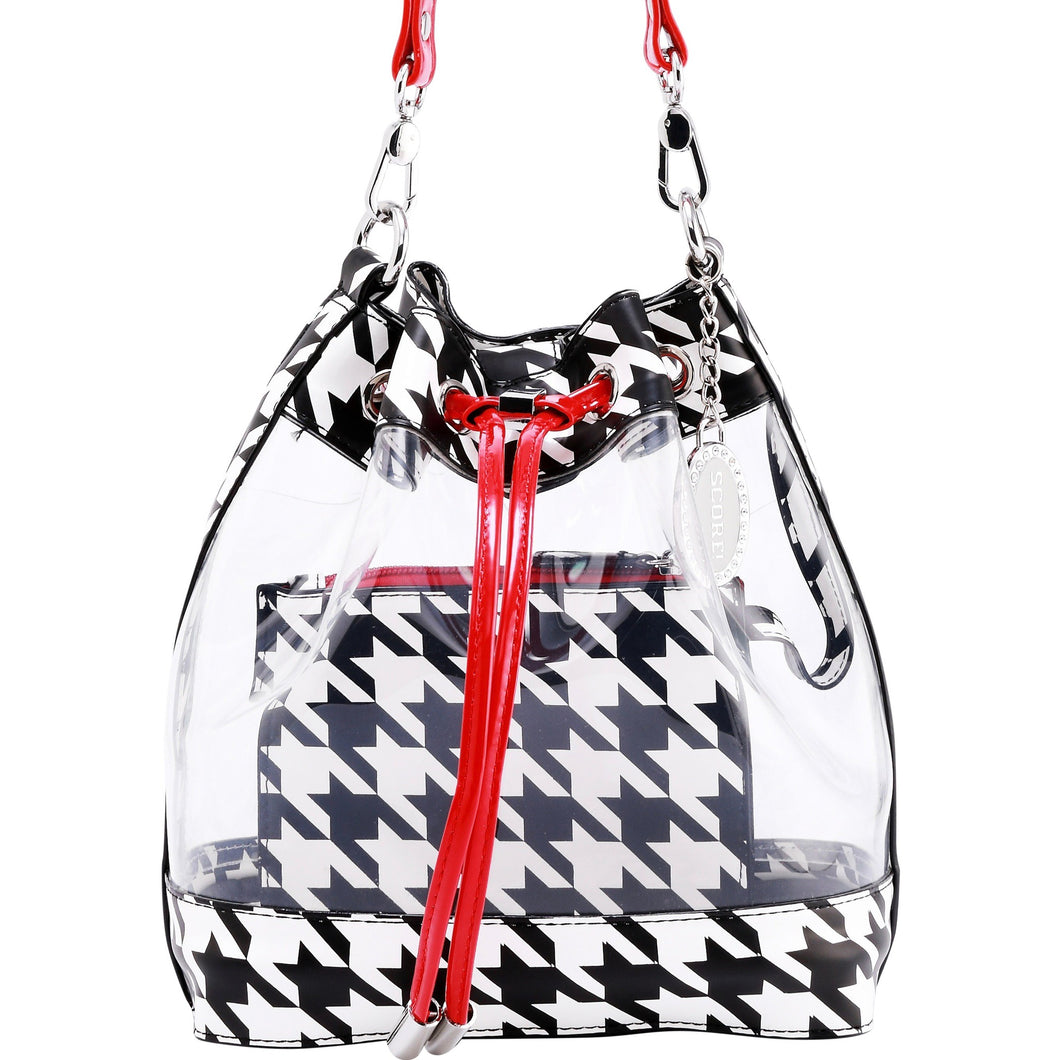 SCORE! Clear Sarah Jean Designer Crossbody Polka Dot Boho Bucket Bag-Houndstooth Black, White and Red
