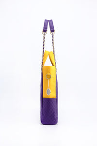 SCORE!'s Kat Travel Tote for Business, Work, or School Quilted Shoulder Bag - Purple and Gold Yellow