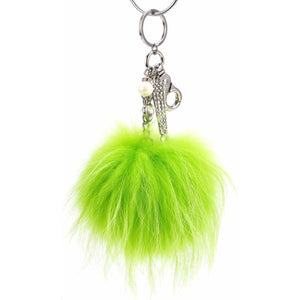 Real Fur Puff Ball Pom-Pom 6" Accessory Dangle Purse Charm - Lime Green with Silver Hardware