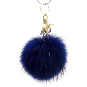 Real Fur Puff Ball Pom-Pom 6" Accessory Dangle Purse Charm - Royal Blue with Gold Hardware
