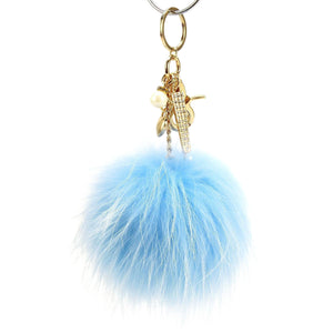 Real Fur Puff Ball Pom-Pom 6" Accessory Dangle Purse Charm - Light Blue with Gold Hardware