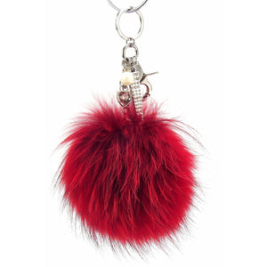Real Fur Puff Ball Pom-Pom 6" Accessory Dangle Purse Charm - Red with Silver Hardware