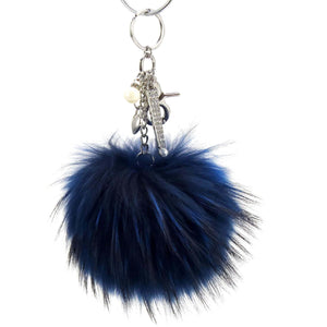 Real Fur Puff Ball Pom-Pom 6" Accessory Dangle Purse Charm - Royal Blue with Silver Hardware