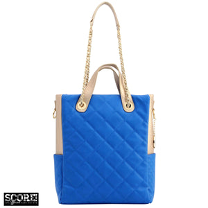 SCORE!'s Kat Travel Tote for Business, Work, or School Quilted Shoulder Bag - Imperial Royal Blue and Gold Gold