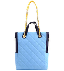 SCORE!'s Kat Travel Tote for Business, Work, or School Quilted Shoulder Bag - Light Blue, Navy Blue and Yellow Gold