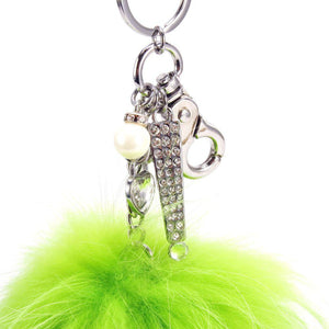 Real Fur Puff Ball Pom-Pom 6" Accessory Dangle Purse Charm - Lime Green with Silver Hardware