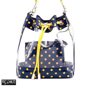 SCORE! Clear Sarah Jean Designer Crossbody Polka Dot Boho Bucket Bag-Navy Blue and Gold Yellow